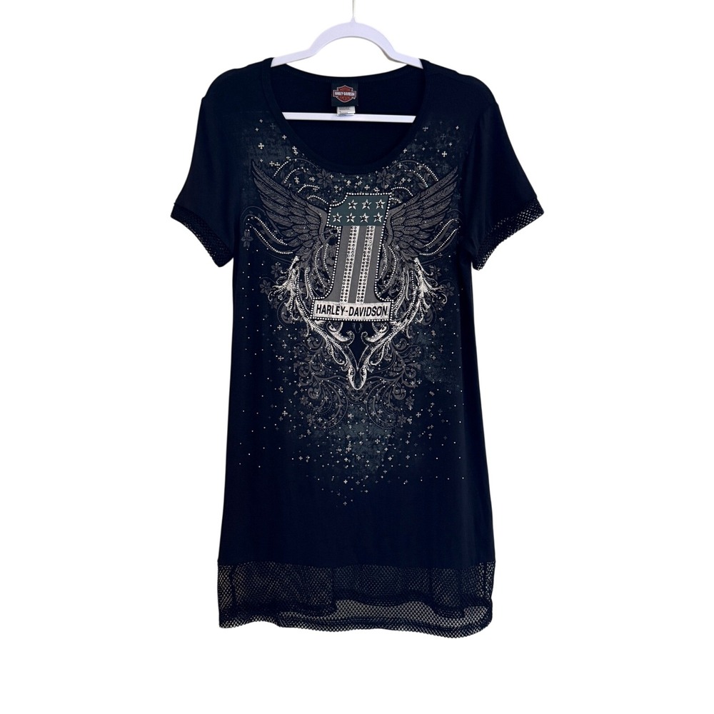 Harley-Davidson T-Shirt Dress Women Medium Black Rhinestone Mesh Hem Biker Core